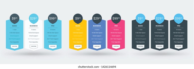 Precios de las variaciones de color de la tabla. Plantilla de planes de precios para sitios web y aplicaciones. Ilustración del vector