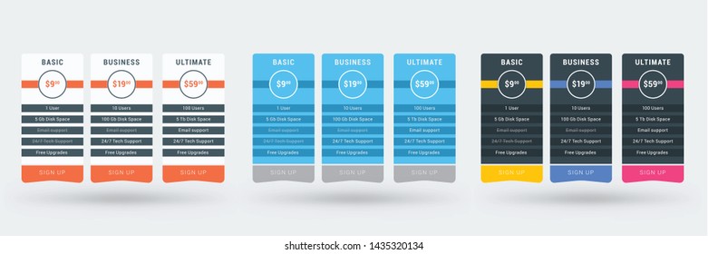 Pricing table color variations. Pricing plans template for websites and applications. Vector illustration