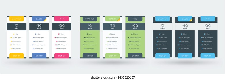 Pricing table color variations. Pricing plans template for websites and applications. Vector illustration
