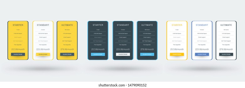 Pricing table color variations. Pricing plans template for websites and applications. Vector illustration