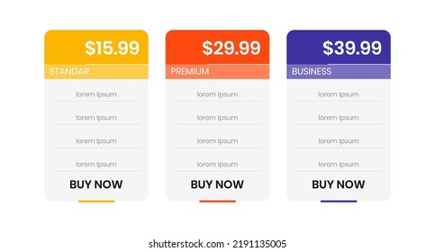 Pricing table concept design three service subscription plan table. Infographic project template for presentation and report.	