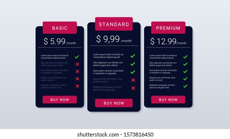 pricing table with dark colour