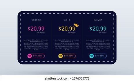 Pricing table dark design with stitches and dot motif, pricing plan template with modern and simple design.