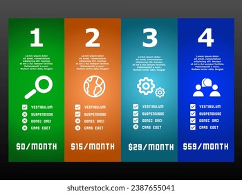 Pricing table dark template with four options product subscription types with list of features 
