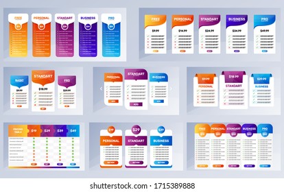 Pricing table design big set. Table price comparison. Blocks purchases for comparing tariff plans. Vector illustration design