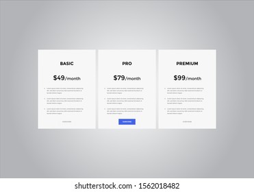Pricing table design, box, button, list for web. price list. mobile. Vector. EPS 10