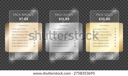 Pricing table design with glassmorphism effect. Realistic glass panels for subscription plans. UI UX web interface elements for membership packages and product comparison. Vector layout for SaaS, software subscriptions, hosting services, and digital marketing agency service levels.