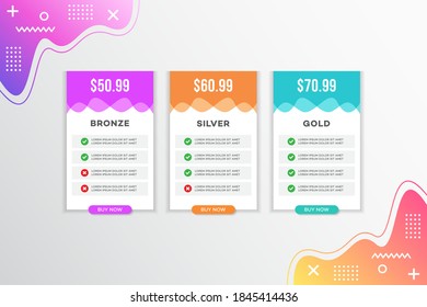 Pricing table design, Pricing plan or subscription web UI elements, Website marketing or promotion interface template, Product comparison table
