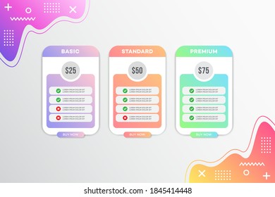 Pricing table design, Pricing plan or subscription web UI elements, Website marketing or promotion interface template, Product comparison table