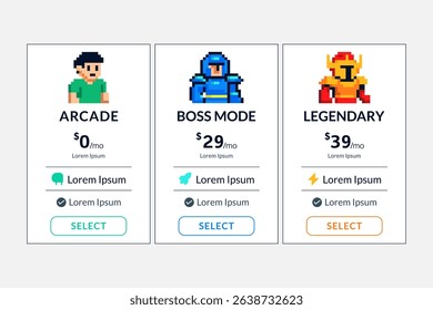 Pricing table design template with retro pixel style icons for game app or website vector illustration