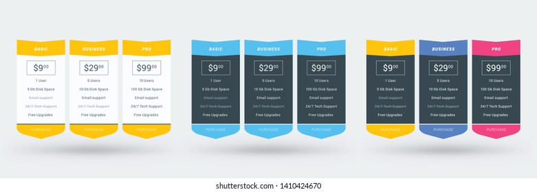 Pricing table design template for websites and applications. Set of three different color variations. Vector pricing plans. Flat style vector illustration