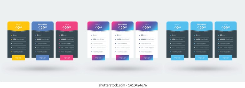Pricing table design template for websites and applications. Set of three different color variations. Vector pricing plans. Flat style vector illustration