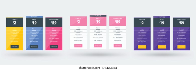 Pricing table design template for websites and applications. Set of three different color variations. Vector pricing plans. Flat style vector illustration