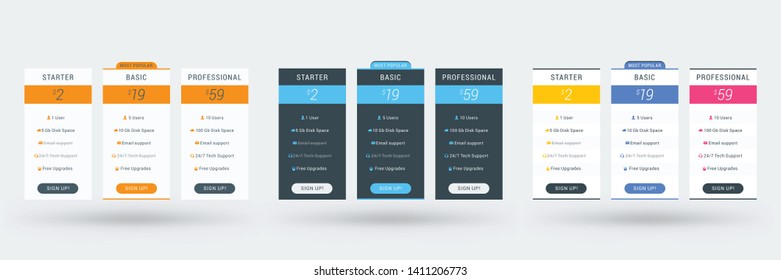 Pricing table design template for websites and applications. Set of three different color variations. Vector pricing plans. Flat style vector illustration