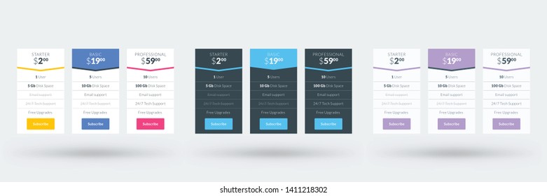 Pricing table design template for websites and applications. Set of three different color variations. Vector pricing plans. Flat style vector illustration