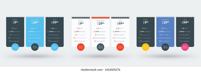 Pricing table design template for websites and applications. Set of three different color variations. Vector pricing plans. Flat style vector illustration