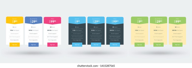 Pricing table design template for websites and applications. Set of three different color variations. Vector pricing plans. Flat style vector illustration