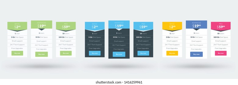 Pricing table design template for websites and applications. Set of three different color variations. Vector pricing plans. Flat style vector illustration
