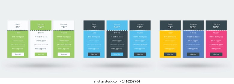 Pricing table design template for websites and applications. Set of three different color variations. Vector pricing plans. Flat style vector illustration