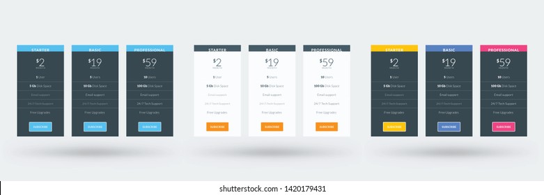 Pricing table design template for websites and applications. Set of three different color variations. Vector pricing plans. Flat style vector illustration