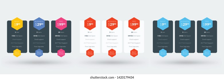 Pricing table design template for websites and applications. Set of three different color variations. Vector pricing plans. Flat style vector illustration