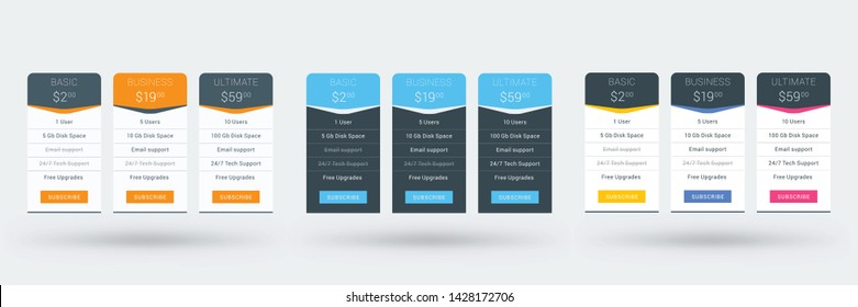 Pricing table design template for websites and applications. Set of three different color variations. Vector pricing plans. Flat style vector illustration