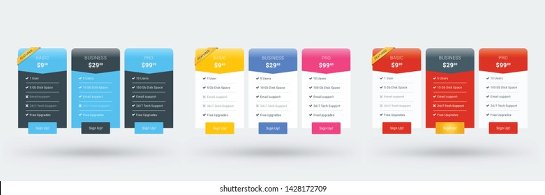 Pricing table design template for websites and applications. Set of three different color variations. Vector pricing plans. Flat style vector illustration