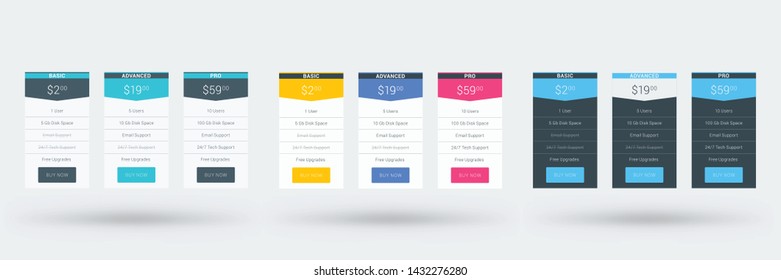 Pricing table design template for websites and applications. Set of three different color variations. Vector pricing plans. Flat style vector illustration