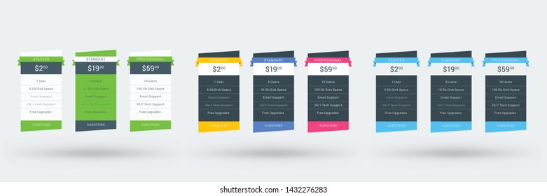Pricing table design template for websites and applications. Set of three different color variations. Vector pricing plans. Flat style vector illustration