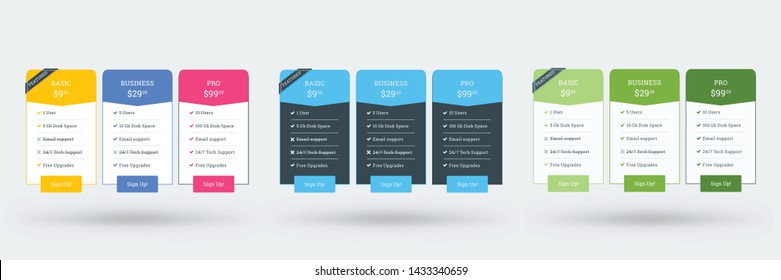 Pricing table design template for websites and applications. Set of three different color variations. Vector pricing plans. Flat style vector illustration