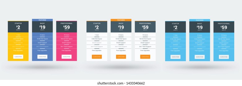 Pricing table design template for websites and applications. Set of three different color variations. Vector pricing plans. Flat style vector illustration
