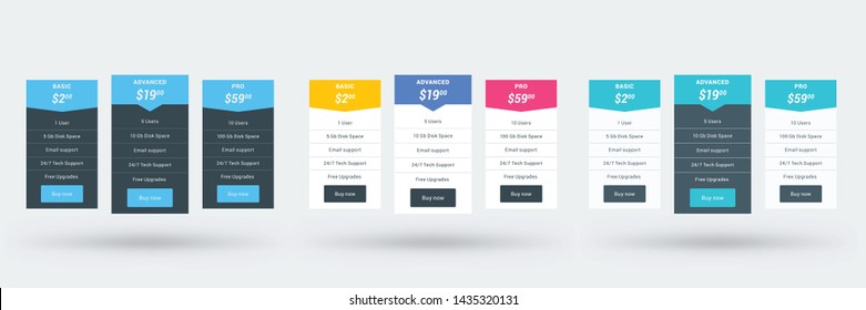 Pricing table design template for websites and applications. Set of three different color variations. Vector pricing plans. Flat style vector illustration
