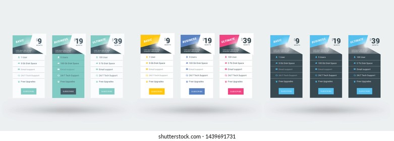 Pricing table design template for websites and applications. Set of three different color variations. Vector pricing plans. Flat style vector illustration