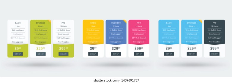 Pricing table design template for websites and applications. Set of three different color variations. Vector pricing plans. Flat style vector illustration