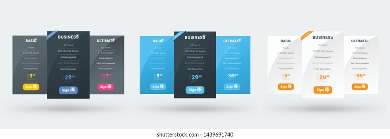 Pricing table design template for websites and applications. Set of three different color variations. Vector pricing plans. Flat style vector illustration