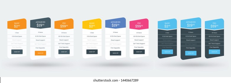 Pricing table design template for websites and applications. Set of three different color variations. Vector pricing plans. Flat style vector illustration