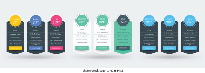 Pricing table design template for websites and applications. Set of three different color variations. Vector pricing plans. Flat style vector illustration