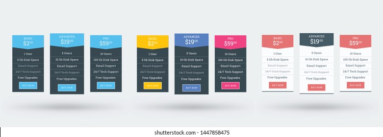 Pricing table design template for websites and applications. Set of three different color variations. Vector pricing plans. Flat style vector illustration