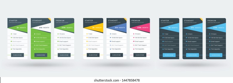 Pricing table design template for websites and applications. Set of three different color variations. Vector pricing plans. Flat style vector illustration