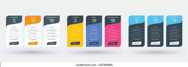 Pricing table design template for websites and applications. Set of three different color variations. Vector pricing plans. Flat style vector illustration