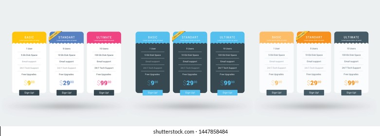 Pricing table design template for websites and applications. Set of three different color variations. Vector pricing plans. Flat style vector illustration