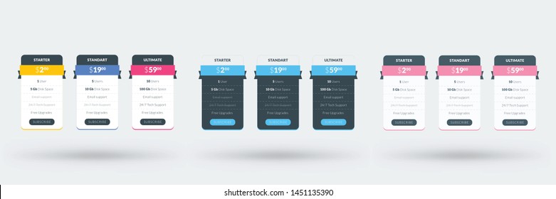 Pricing table design template for websites and applications. Set of three different color variations. Vector pricing plans. Flat style vector illustration