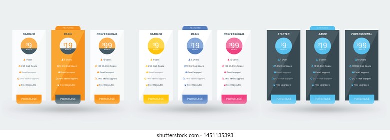 Pricing table design template for websites and applications. Set of three different color variations. Vector pricing plans. Flat style vector illustration