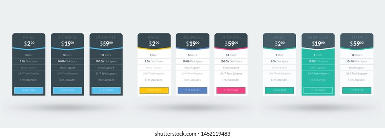 Pricing table design template for websites and applications. Set of three different color variations. Vector pricing plans. Flat style vector illustration