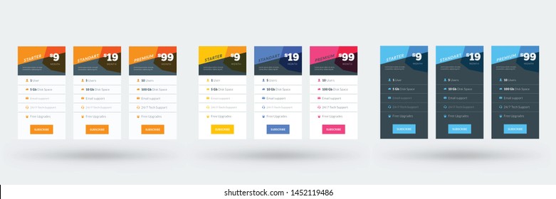 Pricing table design template for websites and applications. Set of three different color variations. Vector pricing plans. Flat style vector illustration