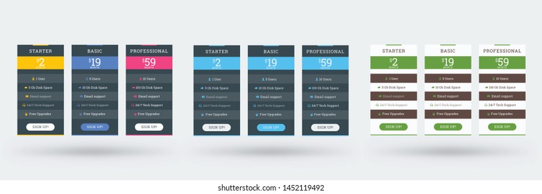 Pricing table design template for websites and applications. Set of three different color variations. Vector pricing plans. Flat style vector illustration