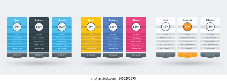 Pricing table design template for websites and applications. Set of three different color variations. Vector pricing plans. Flat style vector illustration
