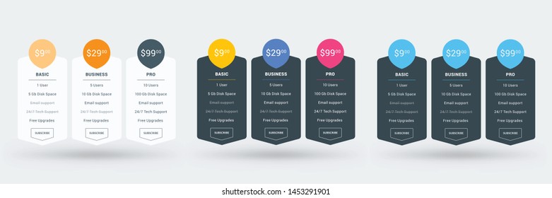 Pricing table design template for websites and applications. Set of three different color variations. Vector pricing plans. Flat style vector illustration