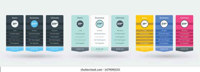 Pricing table design template for websites and applications. Set of three different color variations. Vector pricing plans. Flat style vector illustration