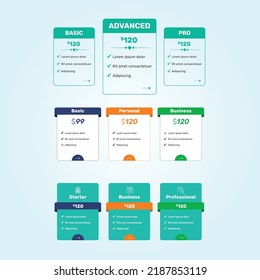 Pricing table design template for websites and applications